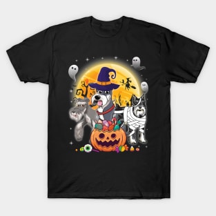 Schnauzer Dog Mummy Witch Moon Ghosts Happy Halloween Thanksgiving Merry Christmas Day T-Shirt